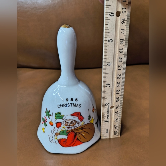 Vintage 1985 Santa Claus Porcelain Hand Bell Christmas Gold Tone Tip 80s - Picture 9 of 11